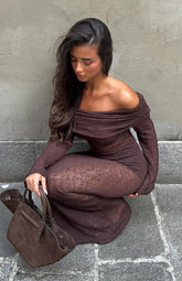 Made It Out Long Sleeve Boucle Maxi Dress Chocolate