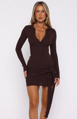 Chasing Sunbeams Knit Long Sleeve Mini Dress Chocolate